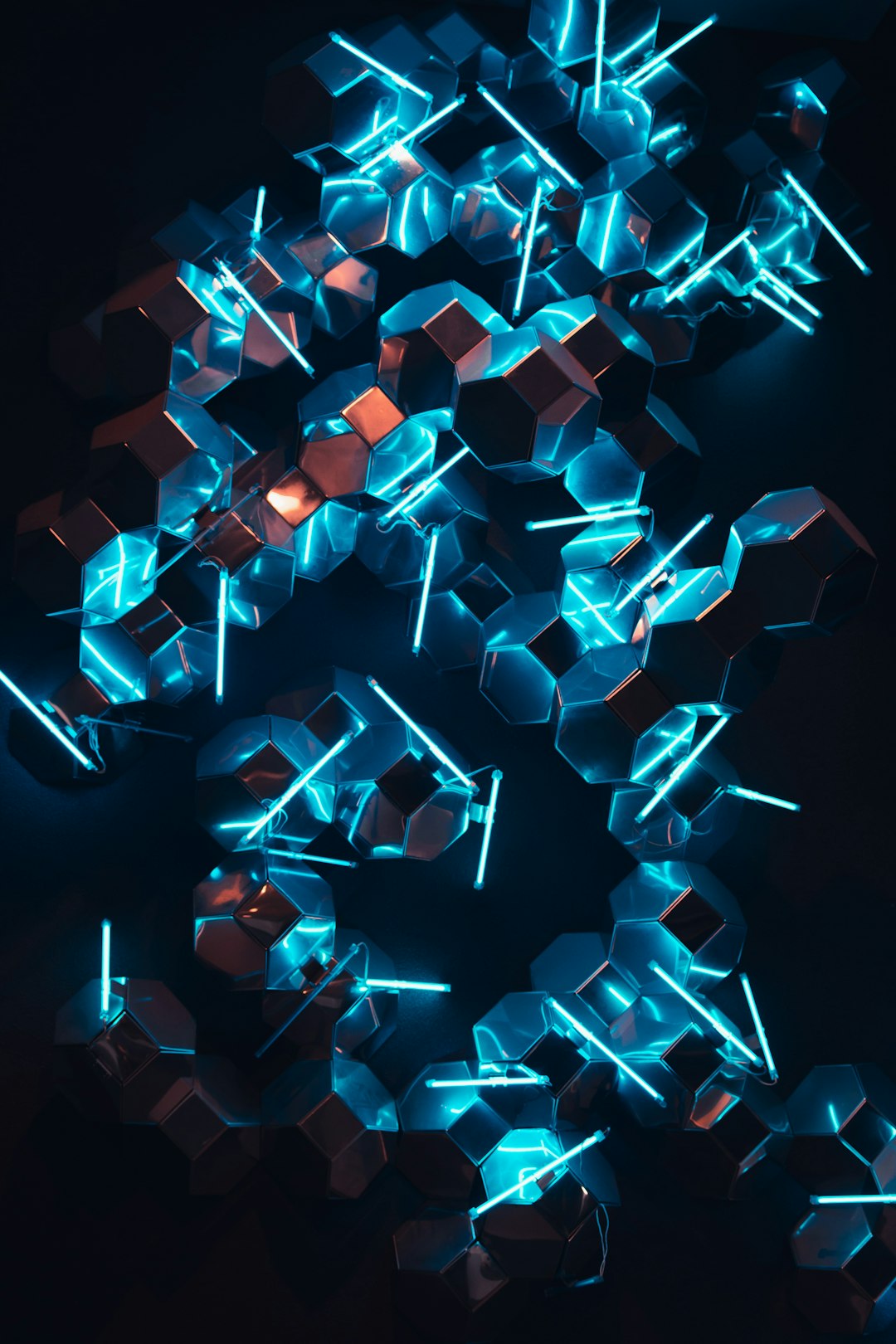 Abstract blue Neon Light with Mirrors and cubical spheres in in Melbournes CBD