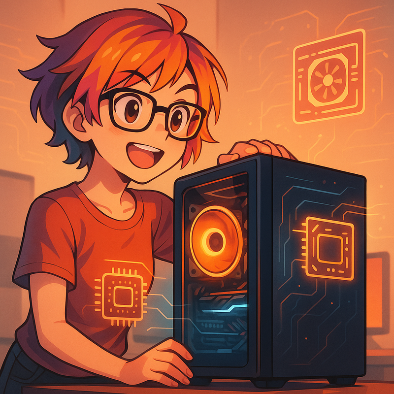 Anime-stijl illustratie van een jonge, enthousiaste gamer met roze haar en een bril, die trots naar haar gloeiende, futuristische PC kijkt, symboliserend de kracht van overklokken en personalisatie. De achtergrond toont subtiele lijnen die dataflow en technologie vertegenwoordigen.