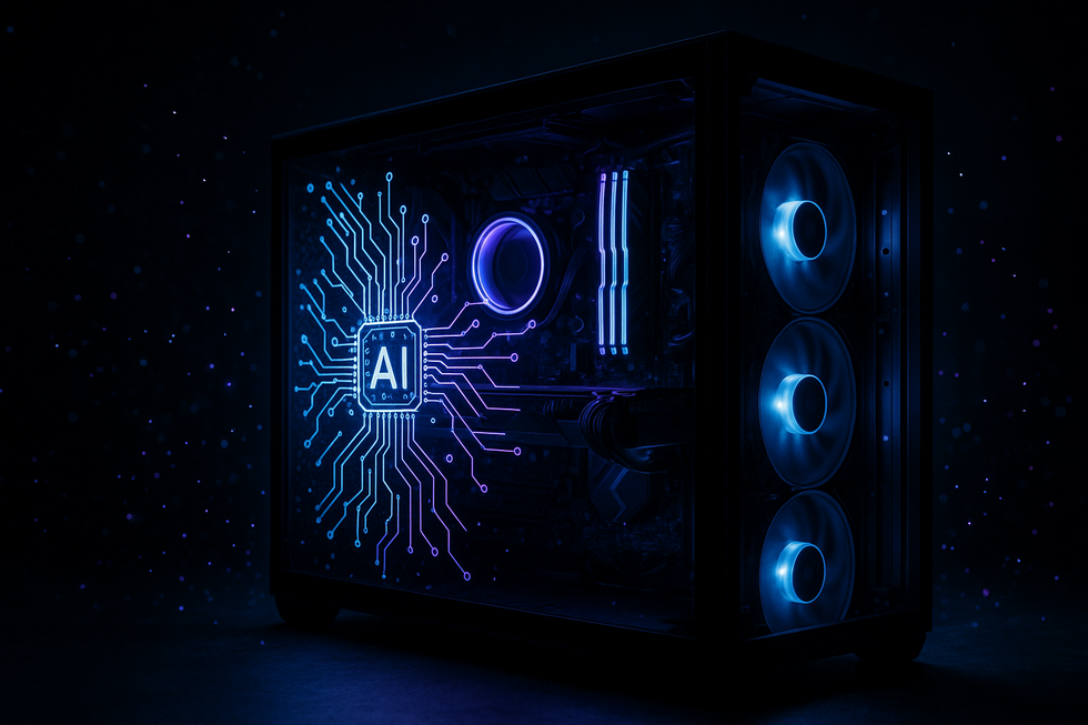 Gaming PC met transparant zijpaneel toont verlichte componenten die AI overclocking technologie demonstreren