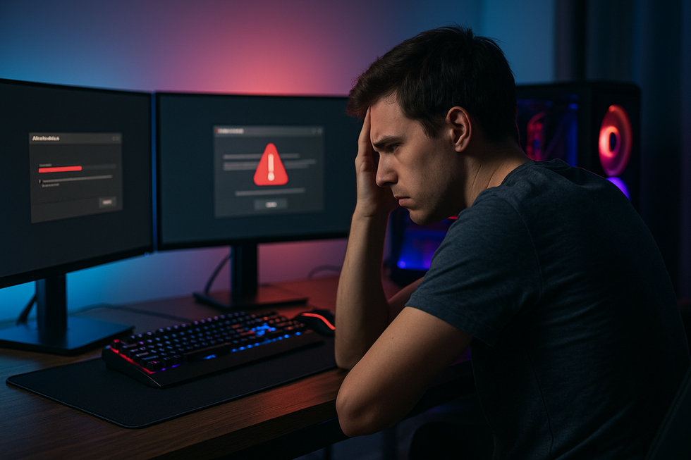 Gamer bij computer setup kijkt naar AMD driver download schermen