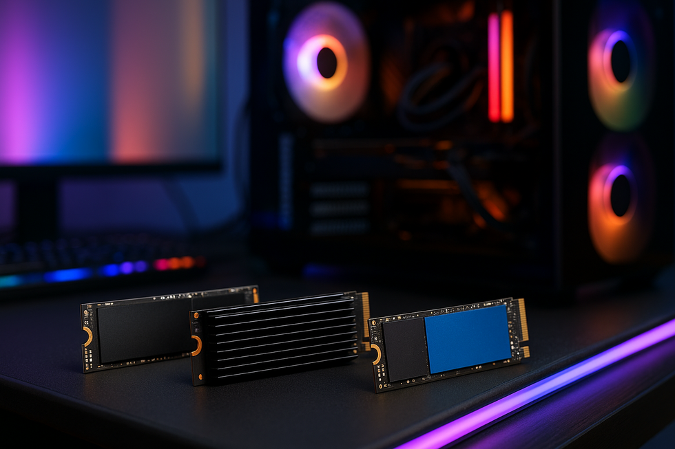 Gaming SSD's van Samsung, WD_BLACK en Crucial op gaming bureau met RGB verlichting