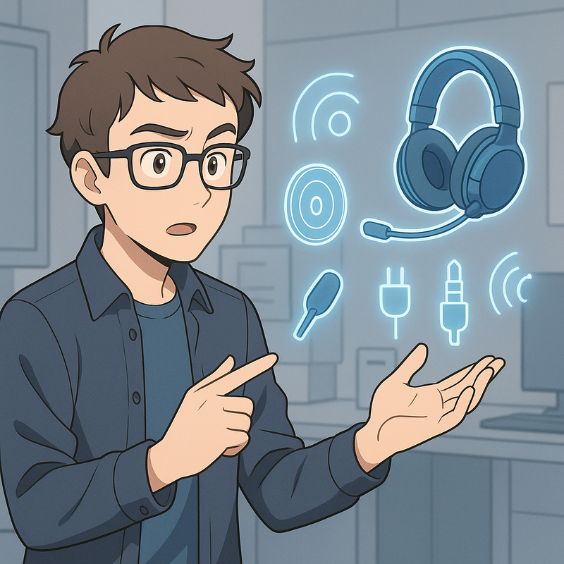 Een anime-stijl illustratie van een persoon die verschillende technische componenten van een gaming headset bestudeert, zoals drivers, microfoon en connectiviteitsopties, zwevend als holografische elementen in een futuristische setting.