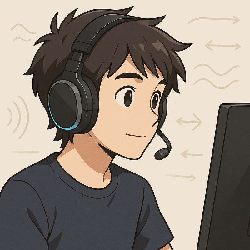 Een anime-stijl illustratie van een jonge persoon met een gaming headset, die de geluidskwaliteit en richtingsgevoeligheid van audio in games illustreert.