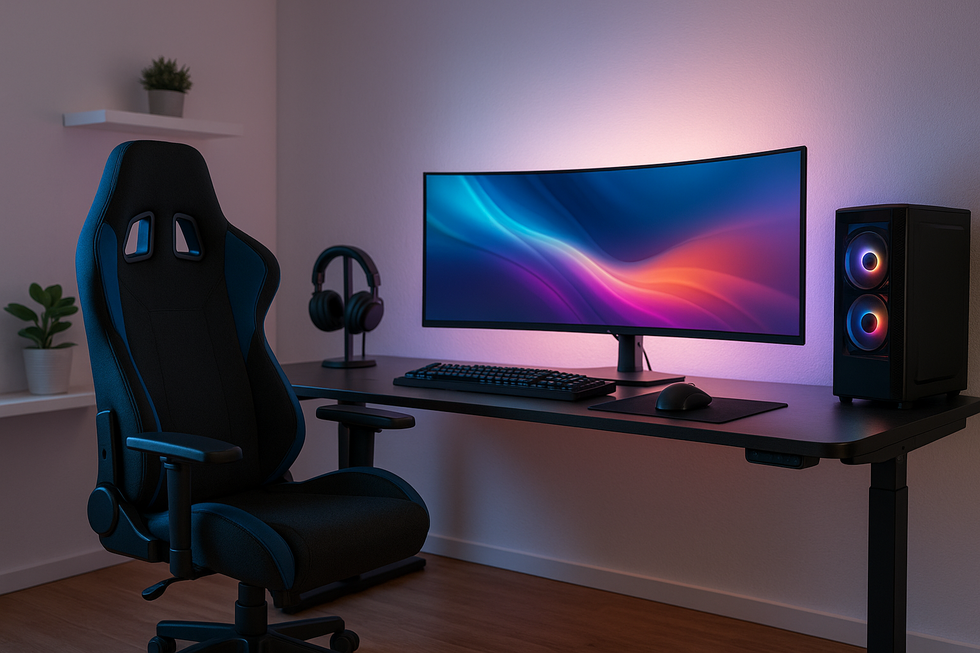 Volledige gaming workstation met ergonomische stoel, verstelbaar bureau en monitor setup