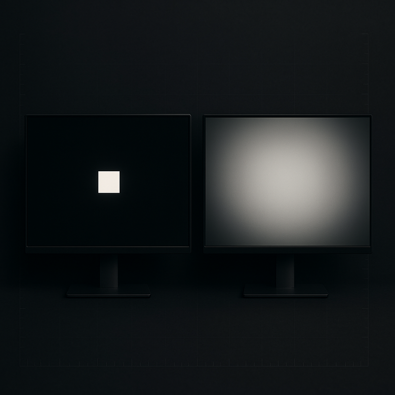 Verschil tussen piekhelderheid op 3% schermoppervlak versus grotere gebieden