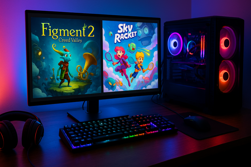 Computer scherm met Epic Games Store interface en gratis games Figment 2 en Sky Racket