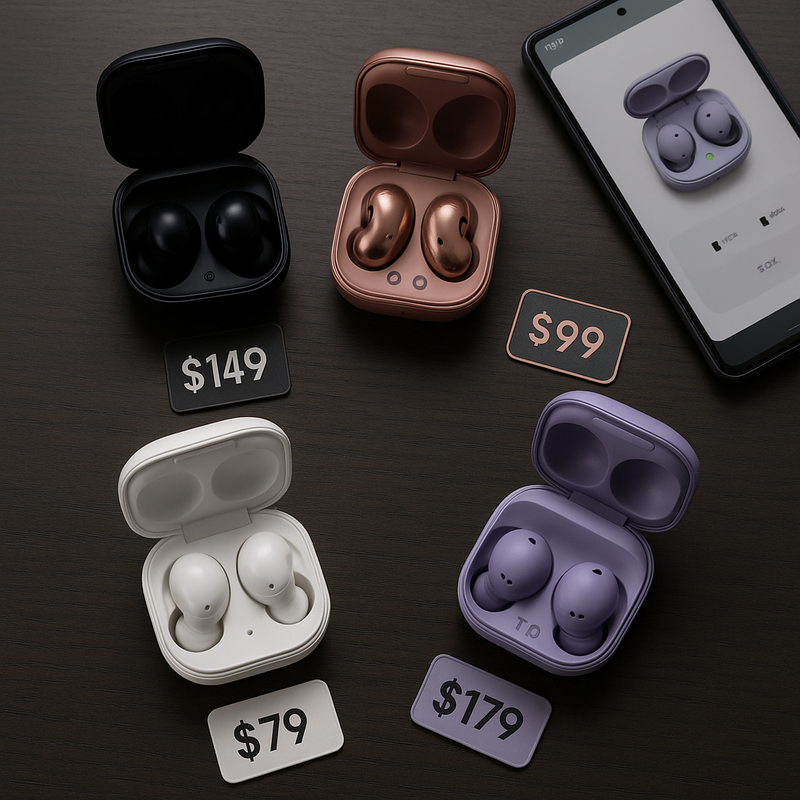 Verschillende Galaxy Buds modellen met hun huidige sale prijzen
