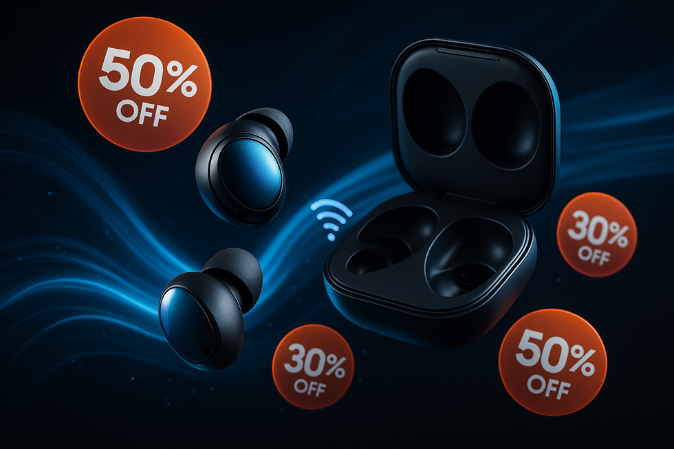 Samsung Galaxy Buds zwevend in dramatische belichting met sale prijzen en kortingspercentages eromheen