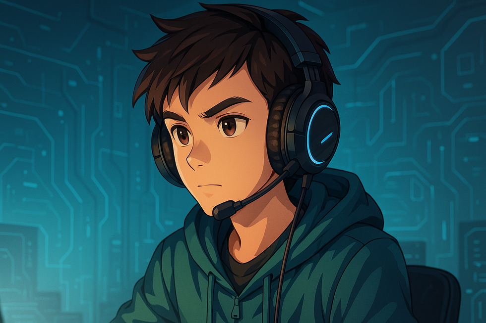 Anime-stijl illustratie van een jonge gamer die een gestroomlijnde gaming headset draagt en gefocust naar een scherm kijkt, omringd door subtiele tech-details.