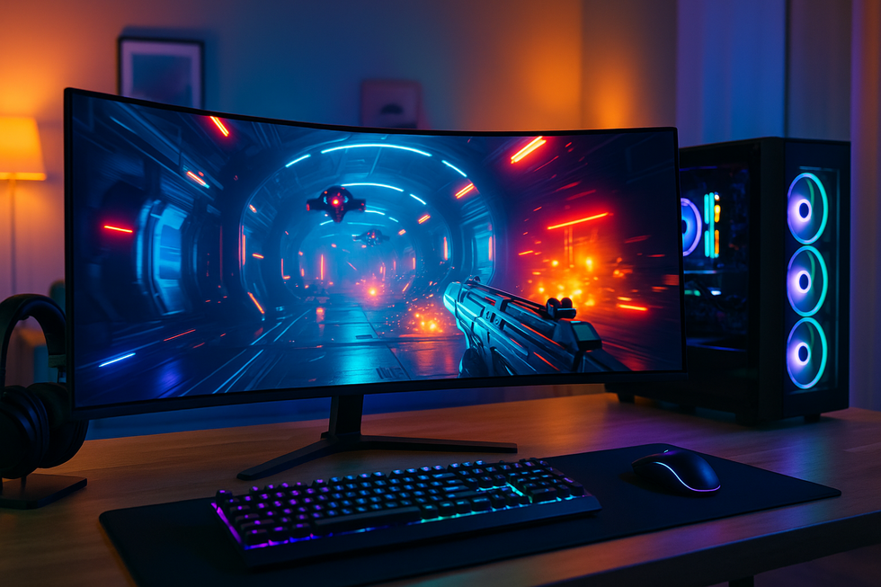 Gaming setup met gebogen ultrawide OLED monitor met levendige kleuren en RGB verlichting