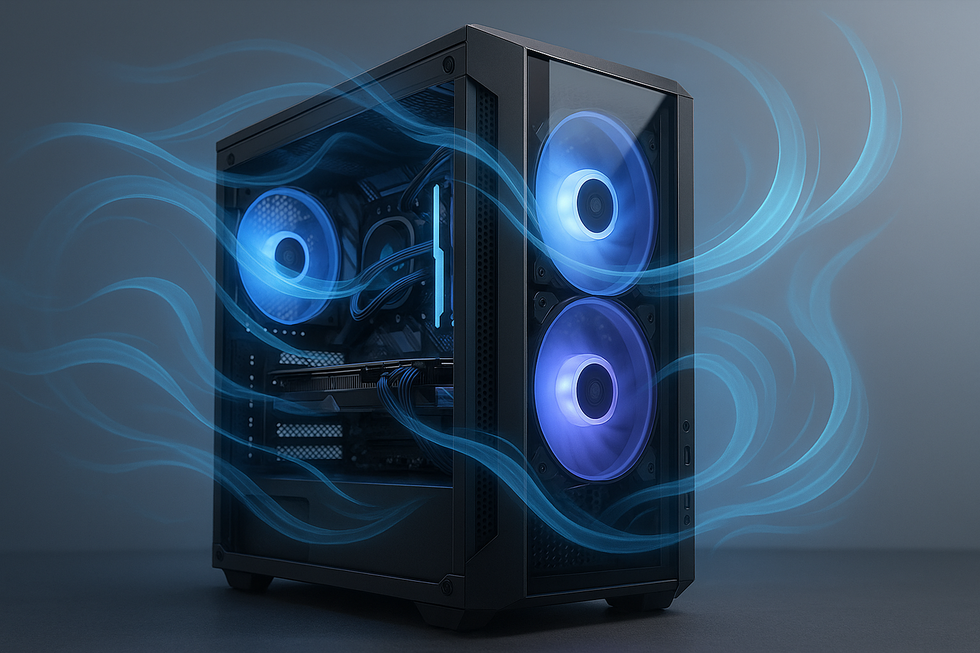 Een 16:9 anime-stijl afbeelding van een moderne gaming PC met blauwe luchtstromen die efficiënte koeling en prestaties symboliseren.