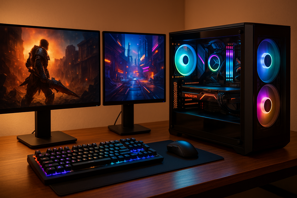 Gaming-PC setup met RGB-verlichting en meerdere monitoren op bureau