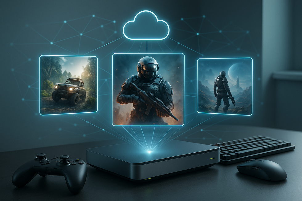 Moderne cloud gaming setup die GeForce Now platform toont met verschillende game streams