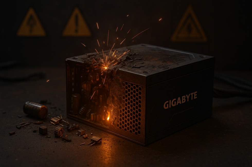 Beschadigde Gigabyte 850W voeding met brandsporen en vonken