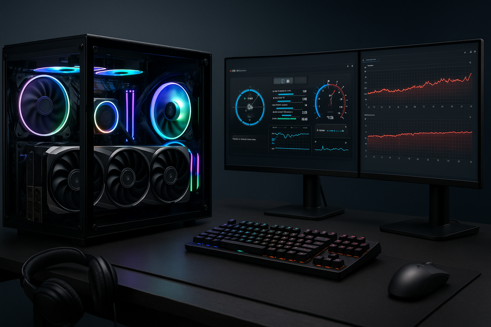 Computer setup met grafische kaarten en overklok-software op schermen voor GPU prestatie-optimalisatie