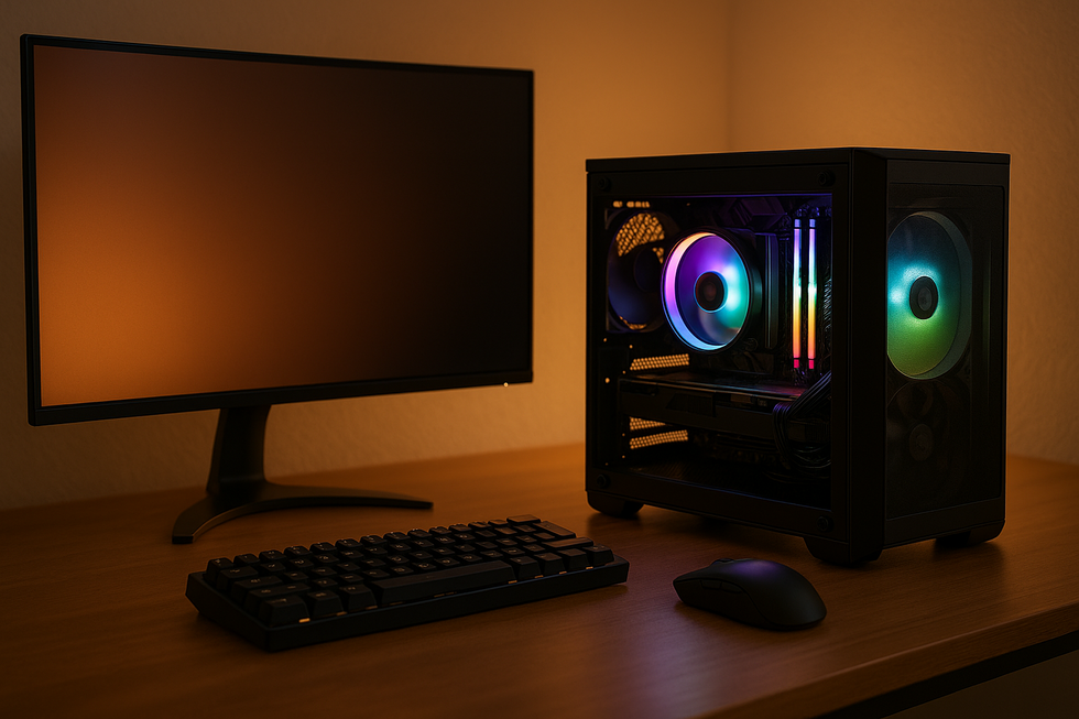 Compacte mini ITX gaming computer met RGB verlichting op bureau naast monitor, toetsenbord en muis