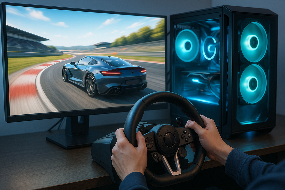 Een anime-afbeelding van een gamer die geniet van een vloeiende racegame op een geavanceerd gaming rig met een force feedback stuurwiel.