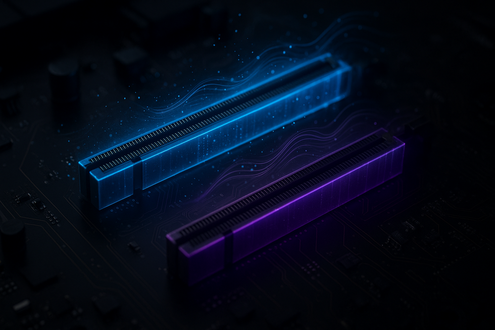 3D-weergave van twee PCIe-slots op motherboard met kleurgecodeerde signaal-indicatoren