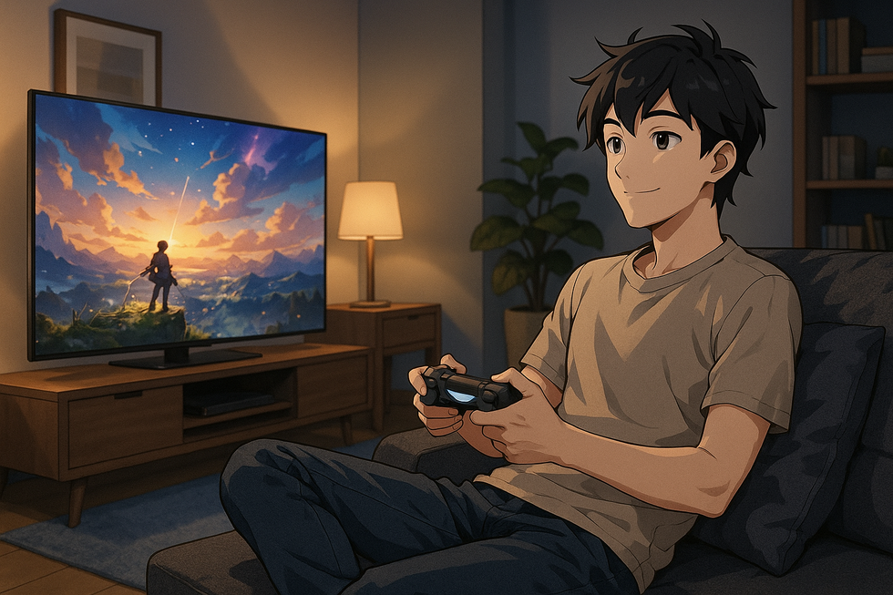 Anime-stijl illustratie van een man die geniet van zijn perfect gekozen televisie-setup in een moderne woonkamer