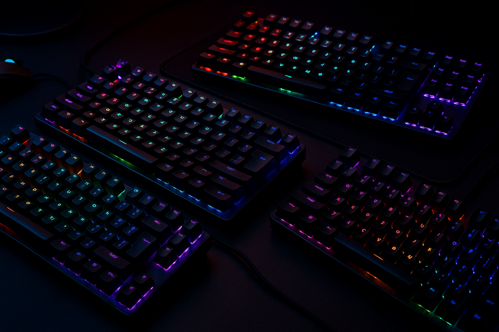 Collectie van RGB gaming toetsenborden met kleurrijke LED-verlichting op gaming bureau