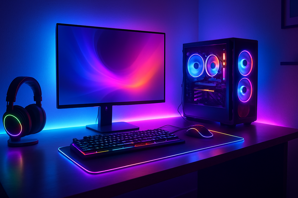 Anime-stijl afbeelding van een futuristische, kabelloze RGB gaming setup die helder oplicht in het donker, met een schone en georganiseerde uitstraling.