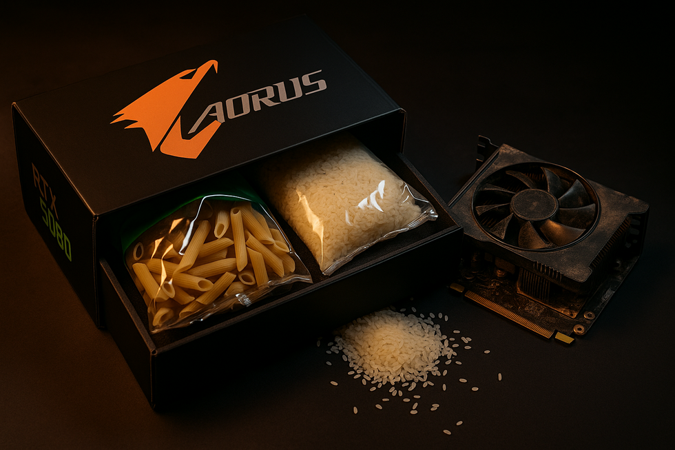 Geopende RTX 5090 doos met pasta en rijst in plaats van grafische kaart