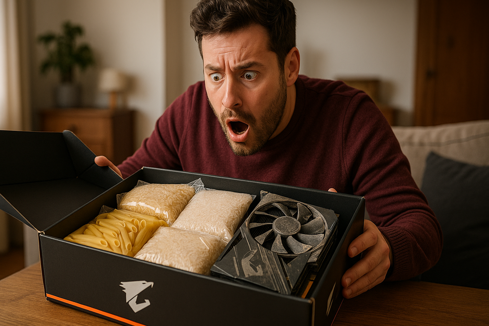 Geopende RTX 5090 doos gevuld met pasta en rijst