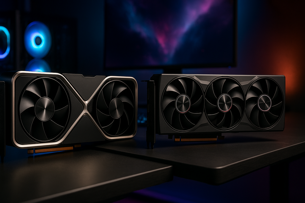 NVIDIA RTX 5090 en AMD Radeon RX 9070 videokaarten op gaming setup
