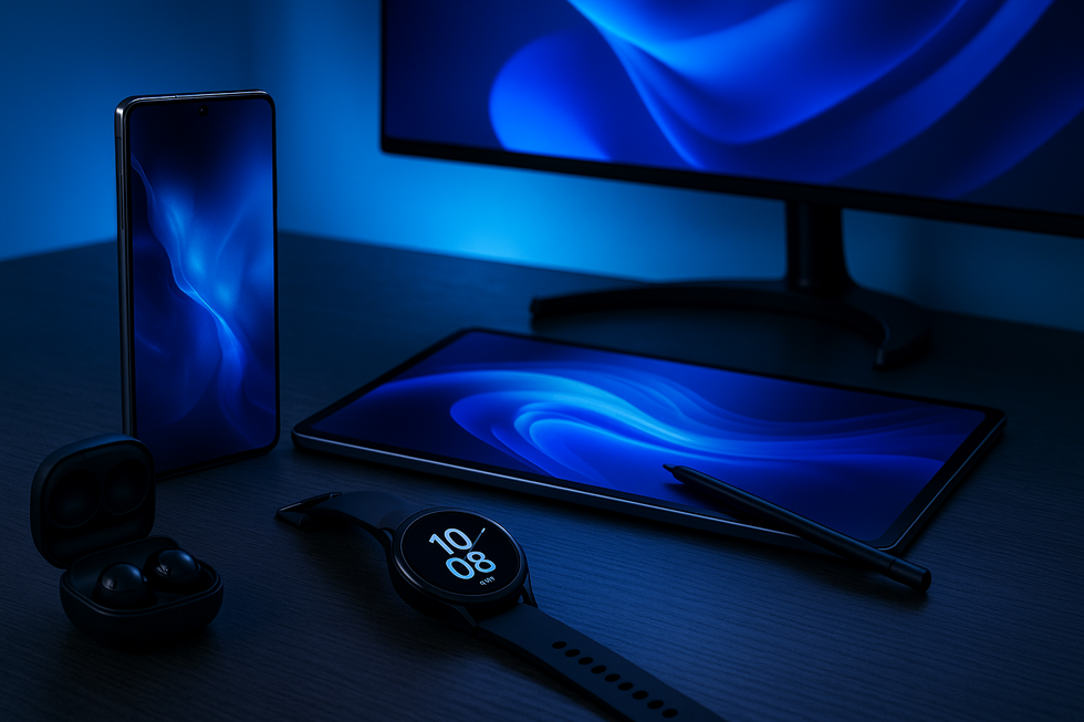 Samsung apparaten op moderne bureau met smartphone, tablet, watch, buds en monitor