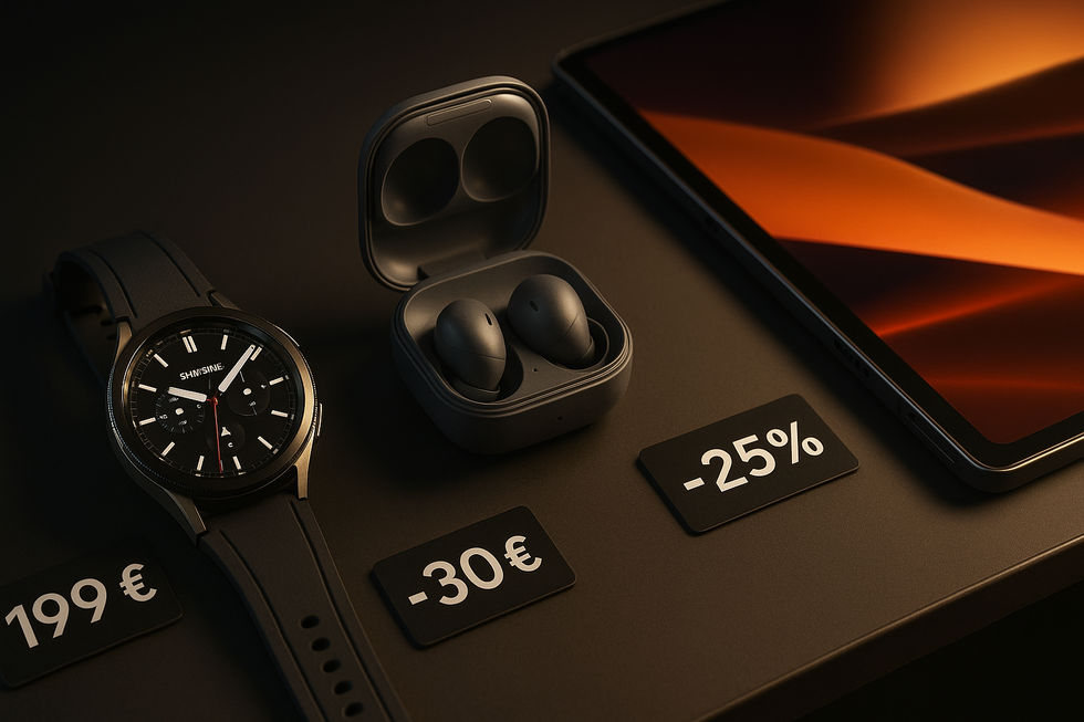 Samsung Galaxy Watch, earbuds en tablet met kortingslabels op moderne bureauopstelling