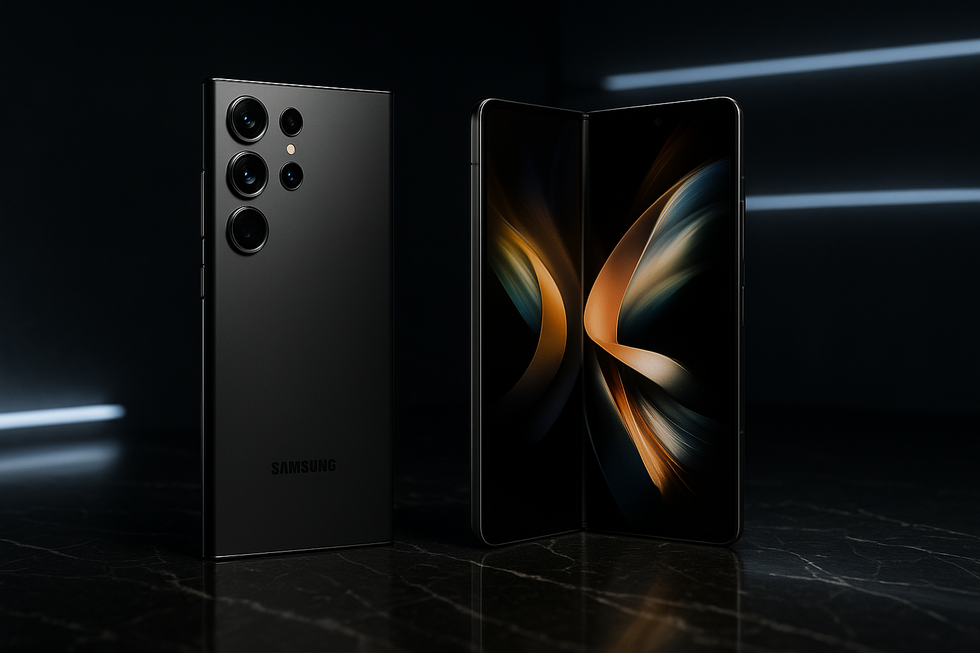 Samsung Galaxy S24 Ultra en Z Fold6 smartphones op donkere ondergrond met professionele verlichting