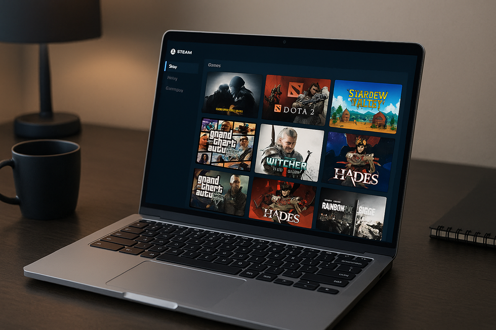 Chromebook laptop met Steam Alpha interface en game bibliotheek op het scherm