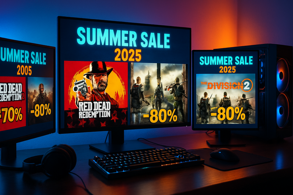 Gaming setup met Steam Summer Sale 2025 op het scherm met gamekoopjes