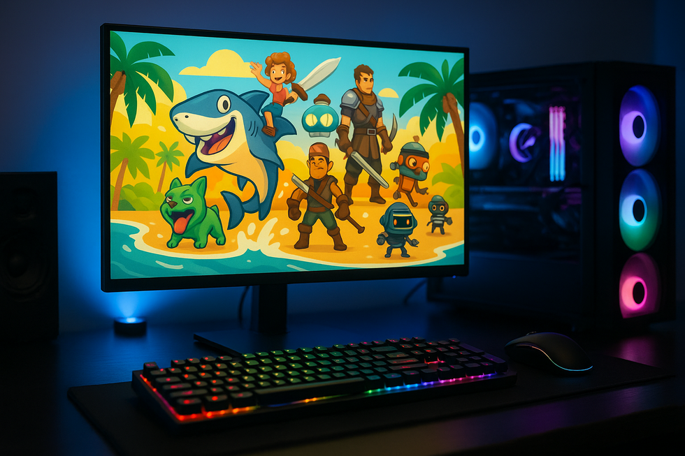 PC gaming setup met Steam interface en zomeractie patch updates zichtbaar op scherm