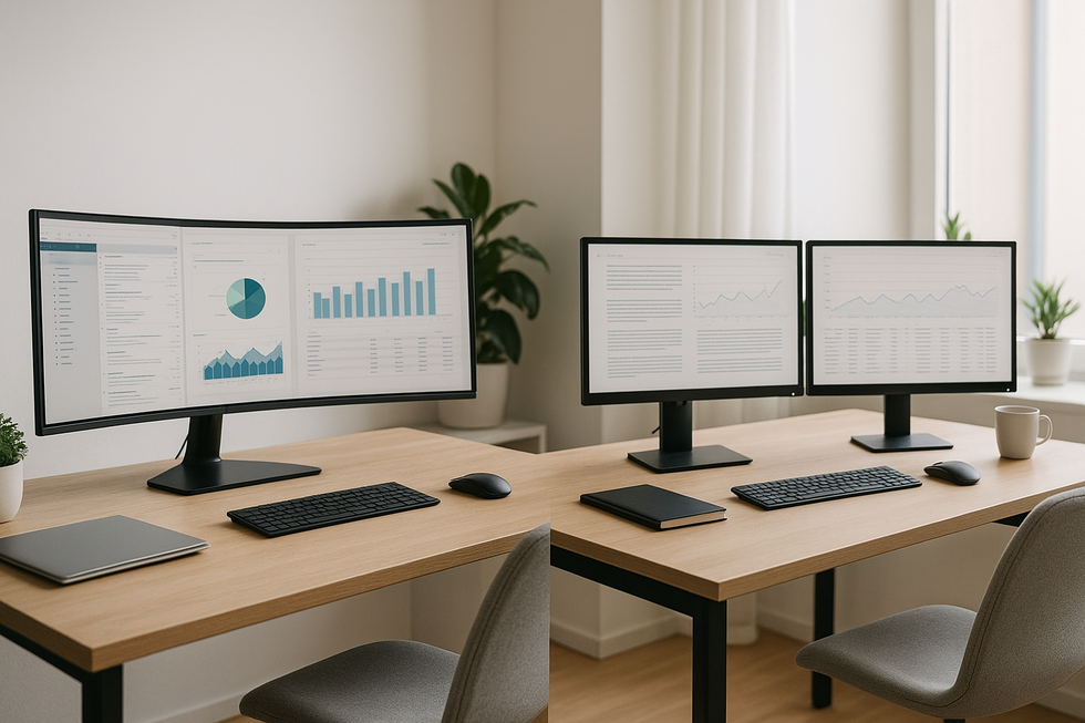 Twee verschillende bureauopstellingen met ultrawide monitor en dual monitor setup naast elkaar