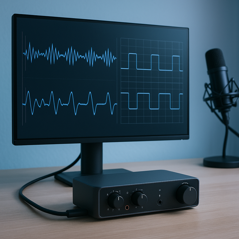 Professionele USB4 audio latency meetopstelling met oscilloscoop en monitoring software