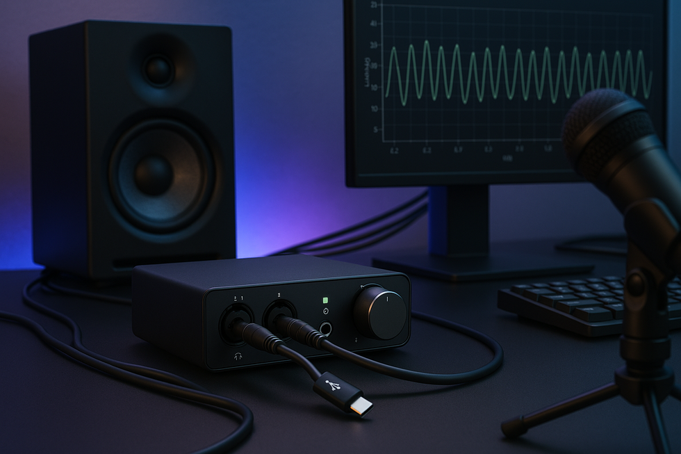 Professionele streaming werkplek met USB4 audio interface, computer, monitoring displays en audio-apparatuur voor latency optimalisatie