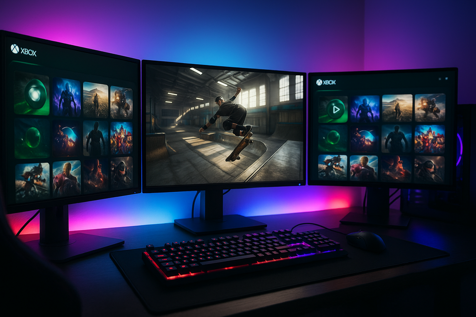 Gaming setup met Xbox Game Pass interface en Tony Hawk's Pro Skater 3+4 op monitor