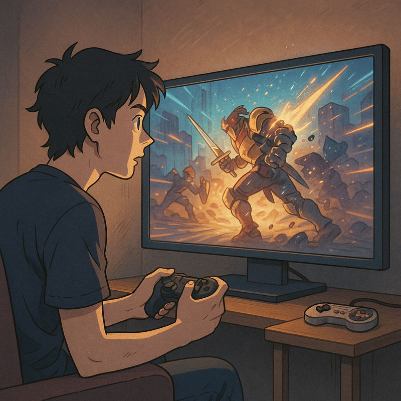 Een Anime-stijl illustratie van een jonge gamer die geconcentreerd naar een groot, stralend 4K-scherm kijkt. Op het scherm is een dynamische game te zien. Naast hem ligt een klassieke controller op een tafel.
