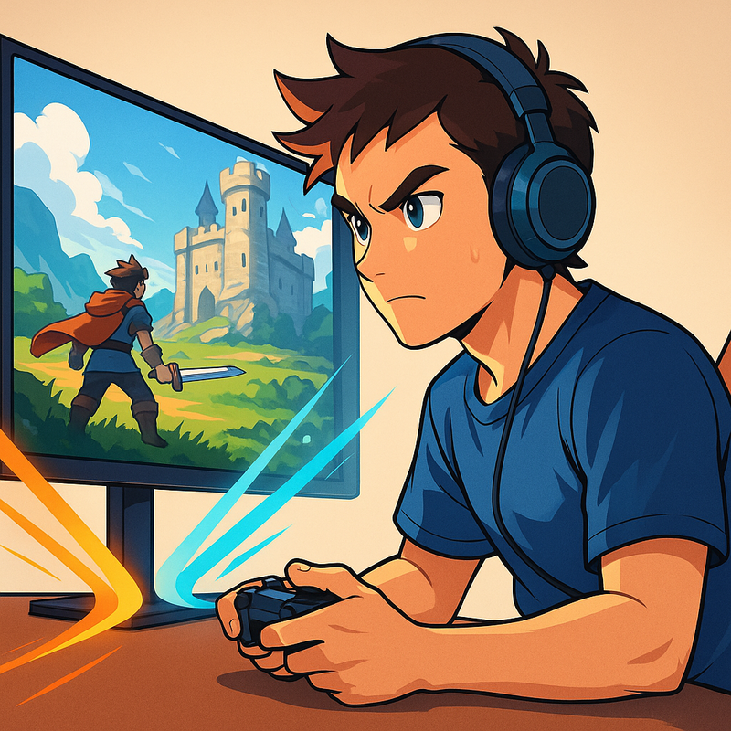 Een anime-personage, een gamer, kijkt geconcentreerd naar een monitor met 4K-gamebeelden, terwijl gekleurde lichteffecten de keuze tussen upscaling-technologieën symboliseren.