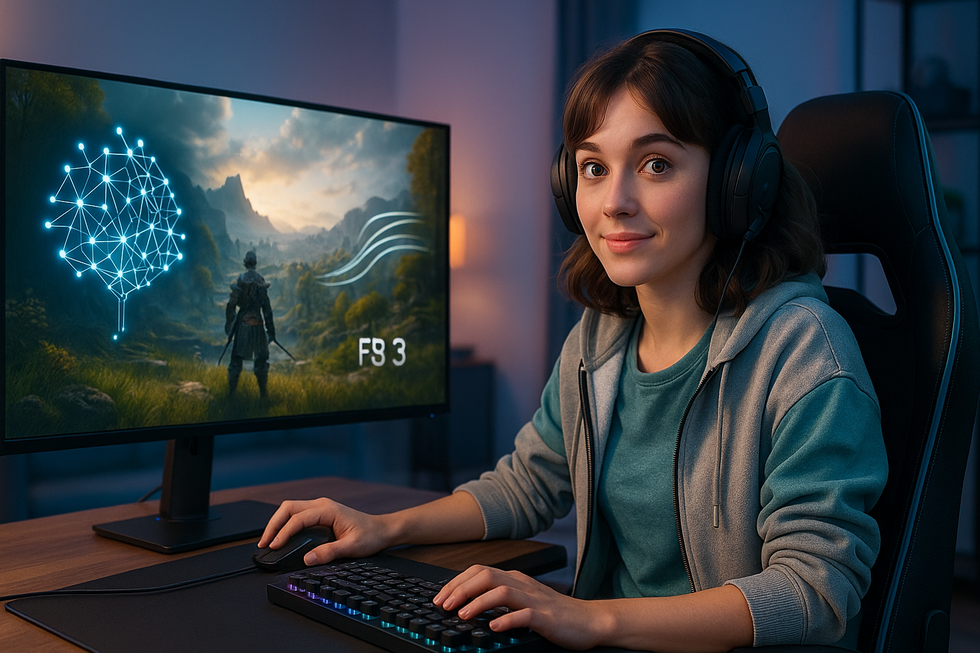 Anime illustration of a young woman gaming on a large 4K monitor, with visual effects symbolizing DLSS 3 and FSR 3 performance enhancements.