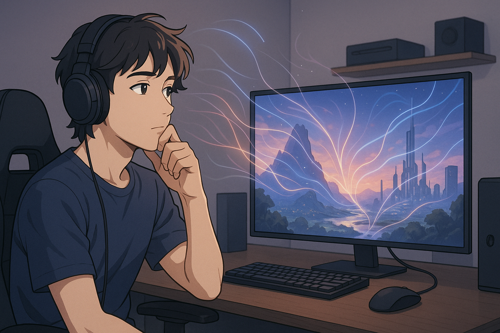 Anime-stijl afbeelding van een jonge gamer die reflecteert op de verbeterde 4K-graphics door DLSS 3 en FSR 3.