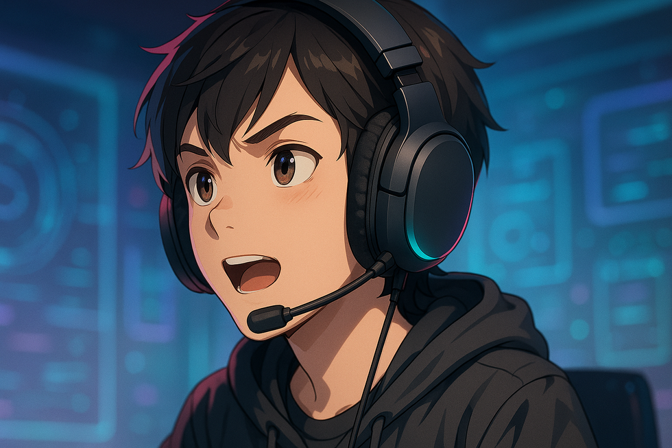 Anime-stijl close-up van een jonge gamer die een moderne, betaalbare zwarte gaming-headset draagt met een subtiele gloed, tegen een futuristische, wazige gaming-achtergrond.