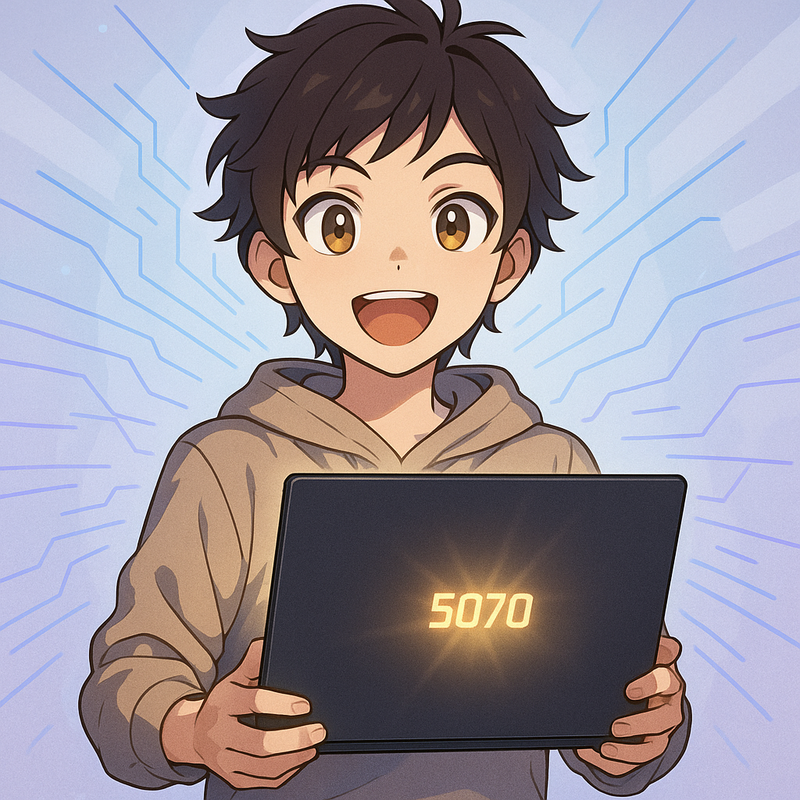 Anime stijl illustratie van een glimlachende jonge persoon die een slanke, moderne laptop vasthoudt met een licht gloeiend 5070-logo, omringd door subtiele tech-elementen, wat betaalbare kracht symboliseert.