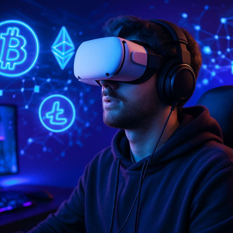 Gamer met VR-headset omringd door cryptocurrency symbolen