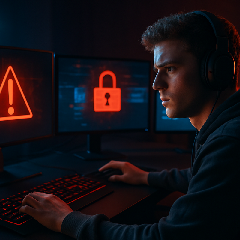 Gamer achter computer met beveiligingswaarschuwingen op scherm