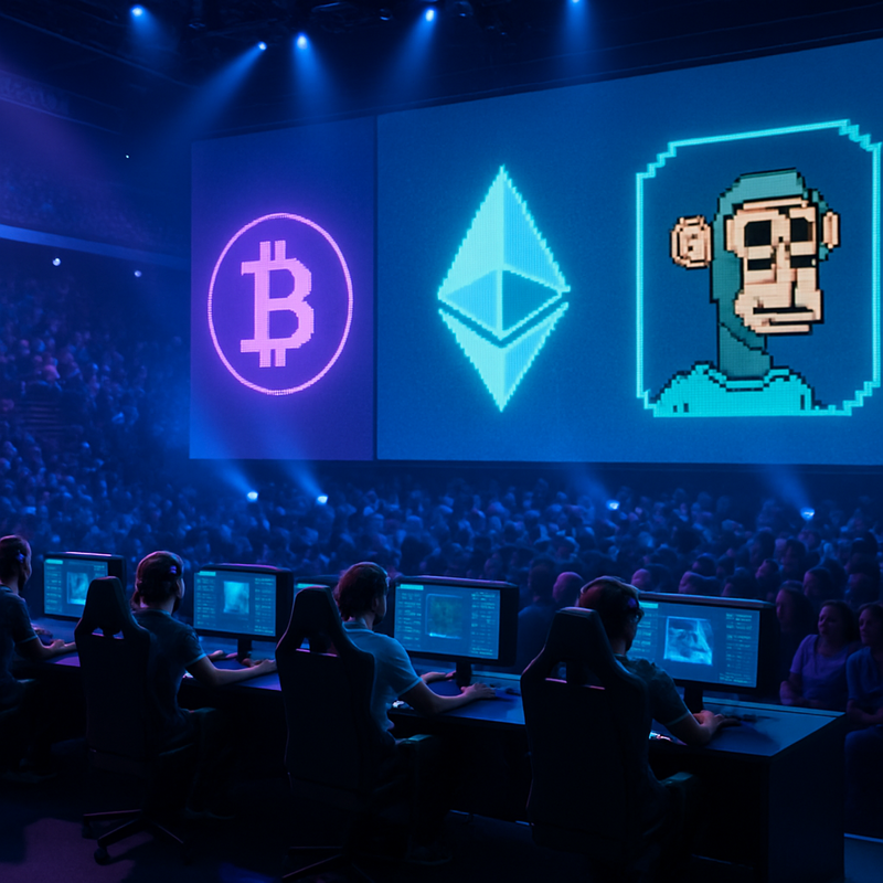 Moderne esports arena met gamers aan computers en crypto-symbolen op schermen