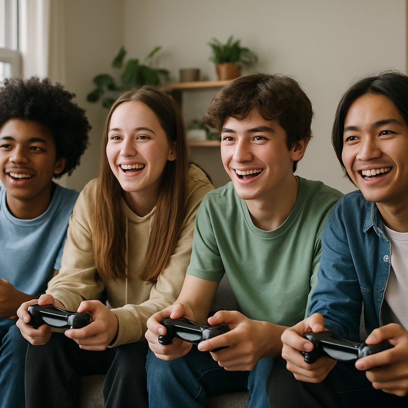 Groep Nederlandse jongeren die samen gamen in huiselijke omgeving