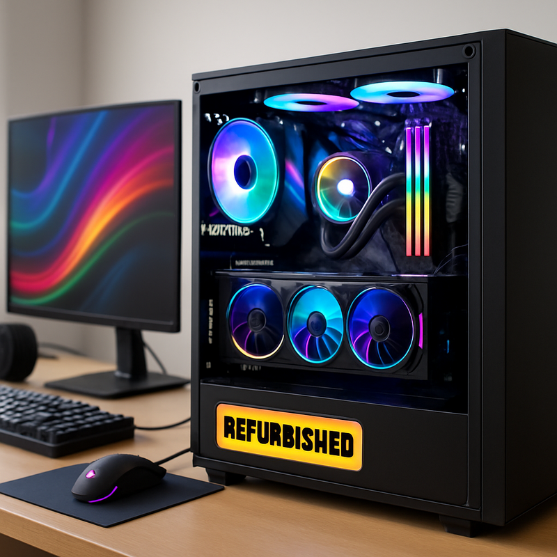 Refurbished gaming computer met zichtbare componenten en garantielabel