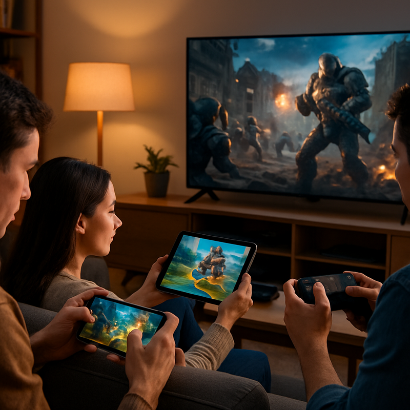Mensen die cloudgames spelen op smartphone, tablet en smart TV in een moderne woonkamer